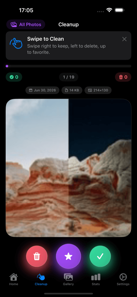 Galera swipe-to-clean screen